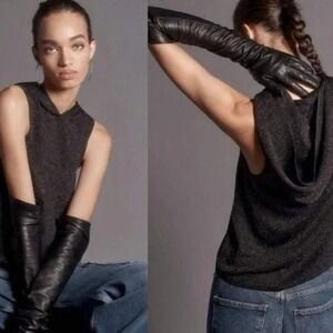 Anthropologie Top Womens Medium Black Metallic Sleeveless Knit Hooded Pilcro